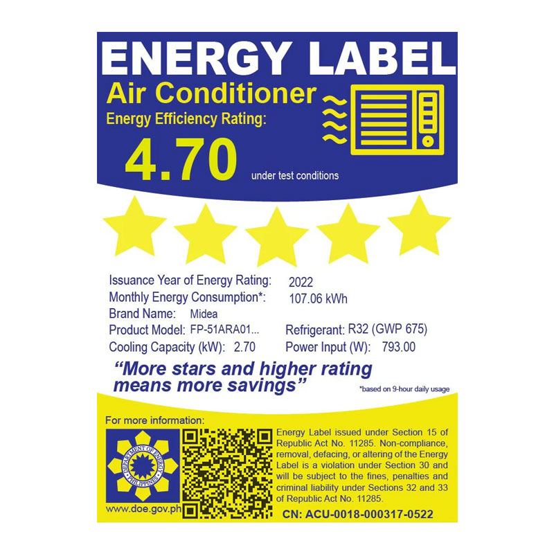 Midea FP-51ARA010HEIV-U5 1.0HP Window Type Air Conditioner Energy Label