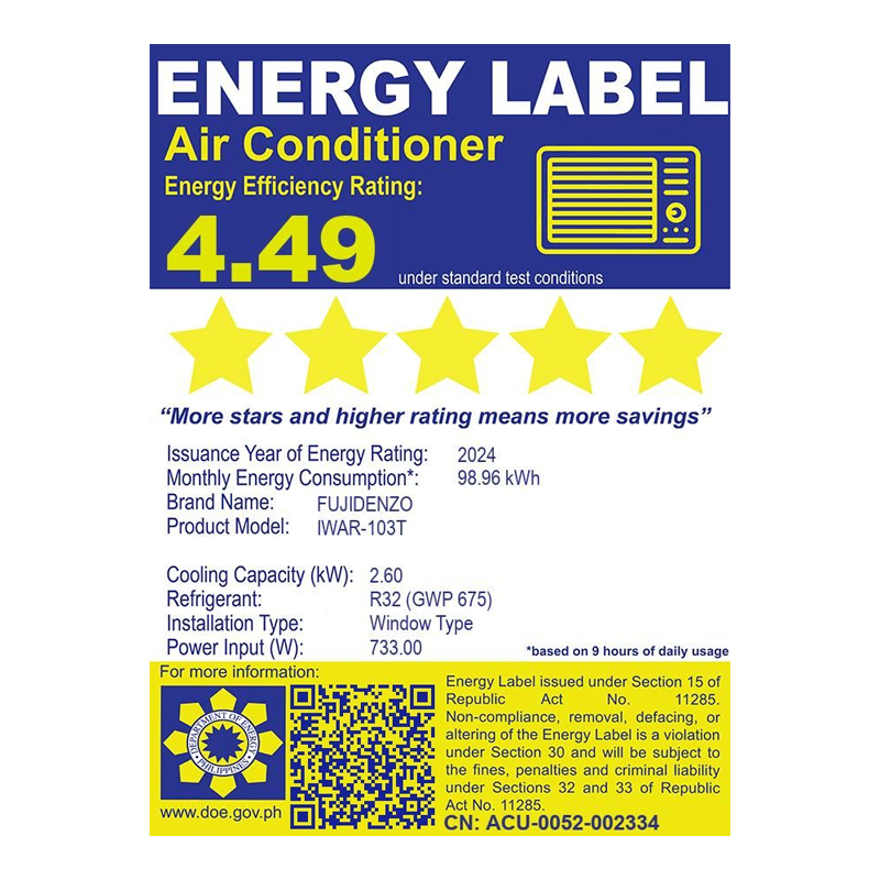 Fujidenzo IWAR-103T 1.0HP Window Type Air Conditioner Energy Label