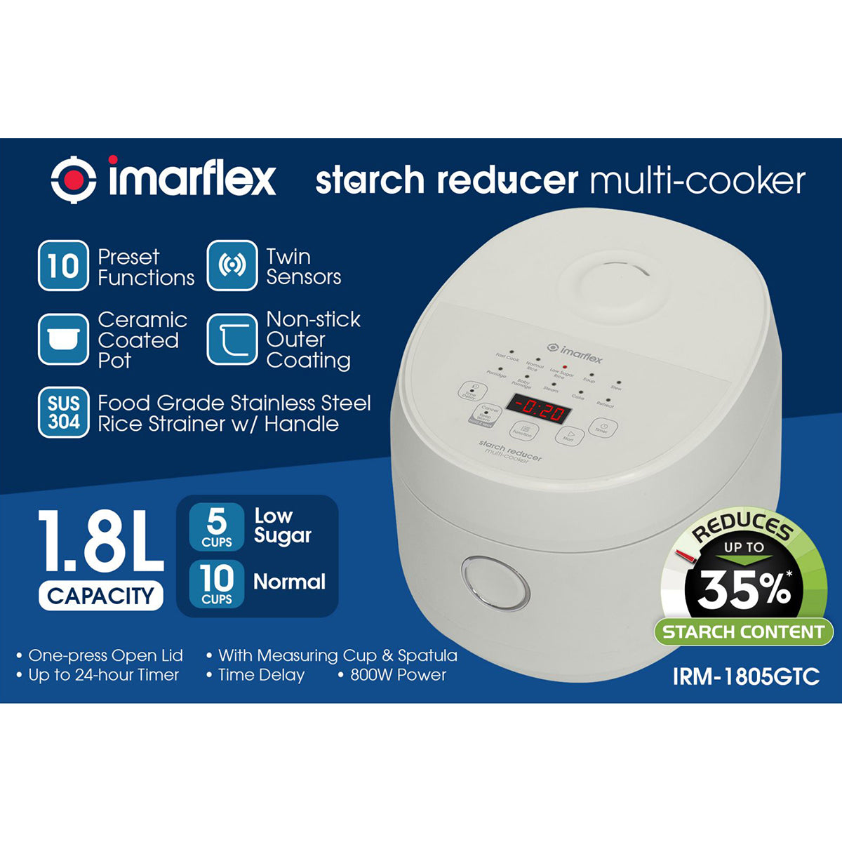 Imarflex IRM-1805GTC 1.8L 5 cups Multi Cooker Low Sugar Function