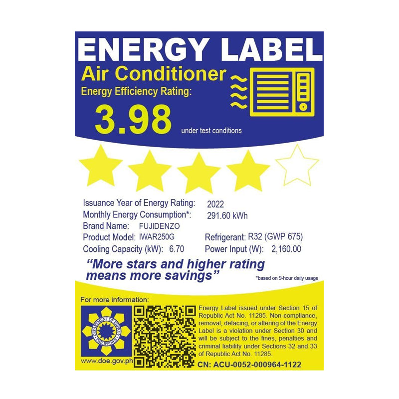 Fujidenzo IWAR-250G 2.5HP Full DC Inverter Window Type Air Conditioner Energy Label