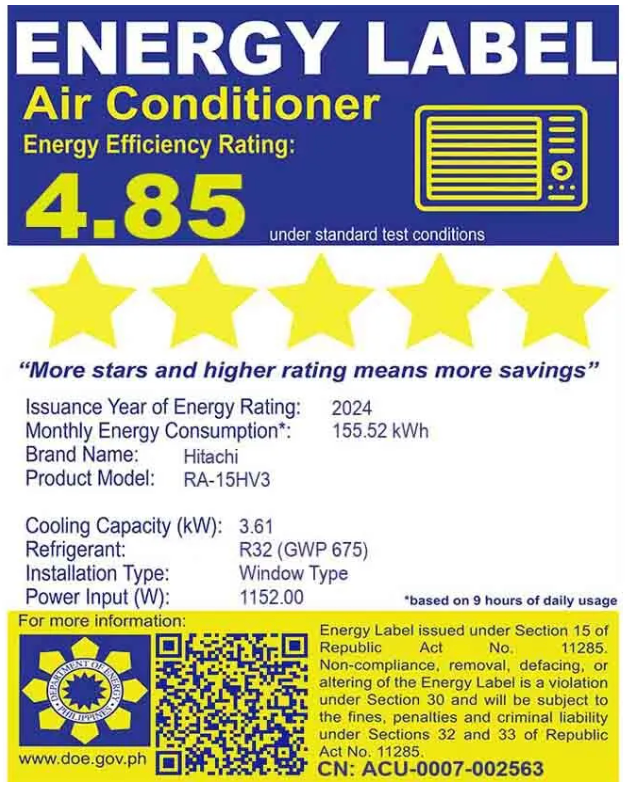 Hitachi RA-15HV3 1.5HP Inverter Window Type Air Conditioner