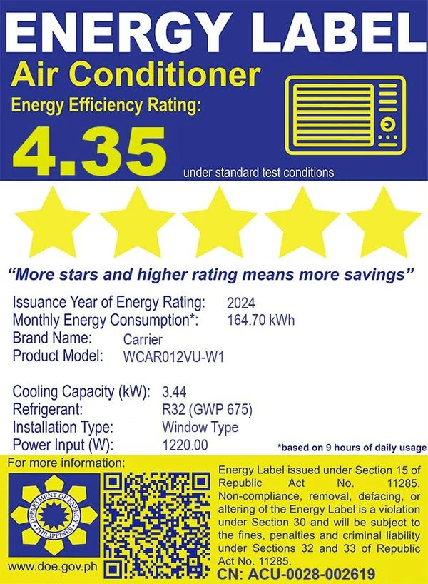 Carrier WCAR012VU-W1 1.5HP Full DC Inverter U-Shaped Window Type Air Conditioner Aura Series