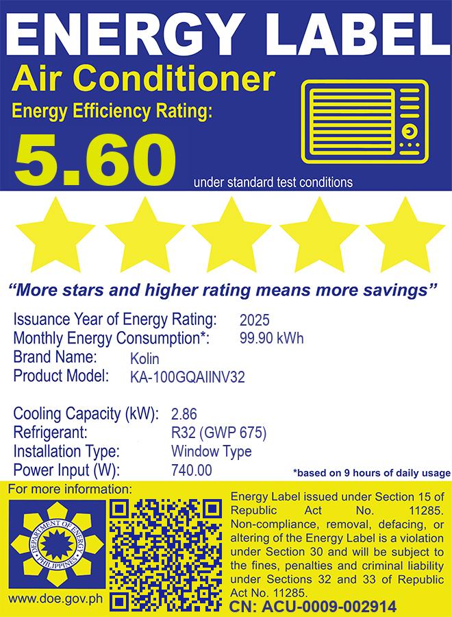Kolin KA-100GQAIINV32 1.0HP Quad AI Series Full DC Inverter Window Type Air Conditioner - 2026 Model